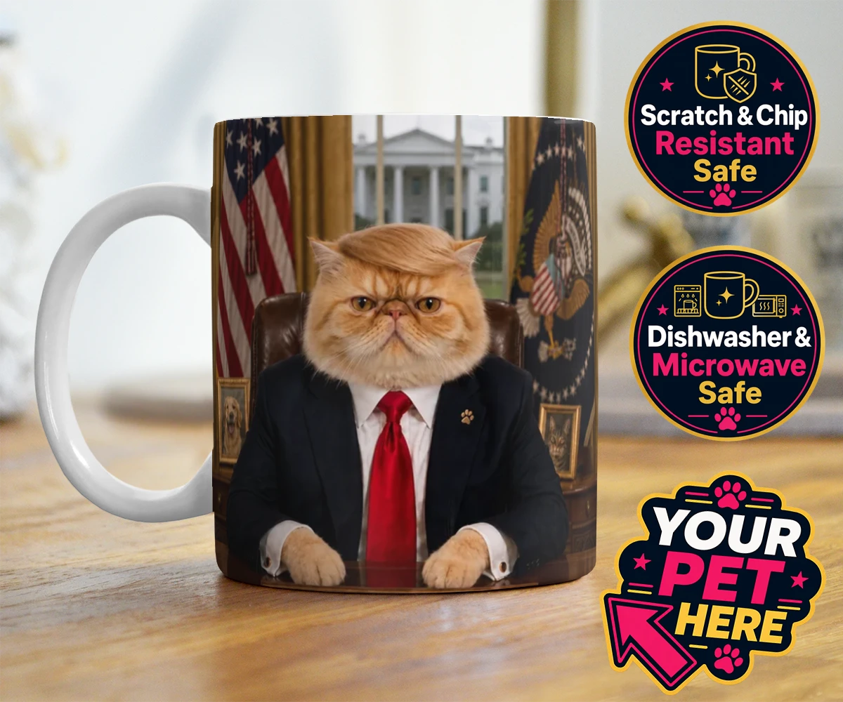 Personalised PAWTUS cat photo mugs featuring the charismatic cat who’s ready to take charge!