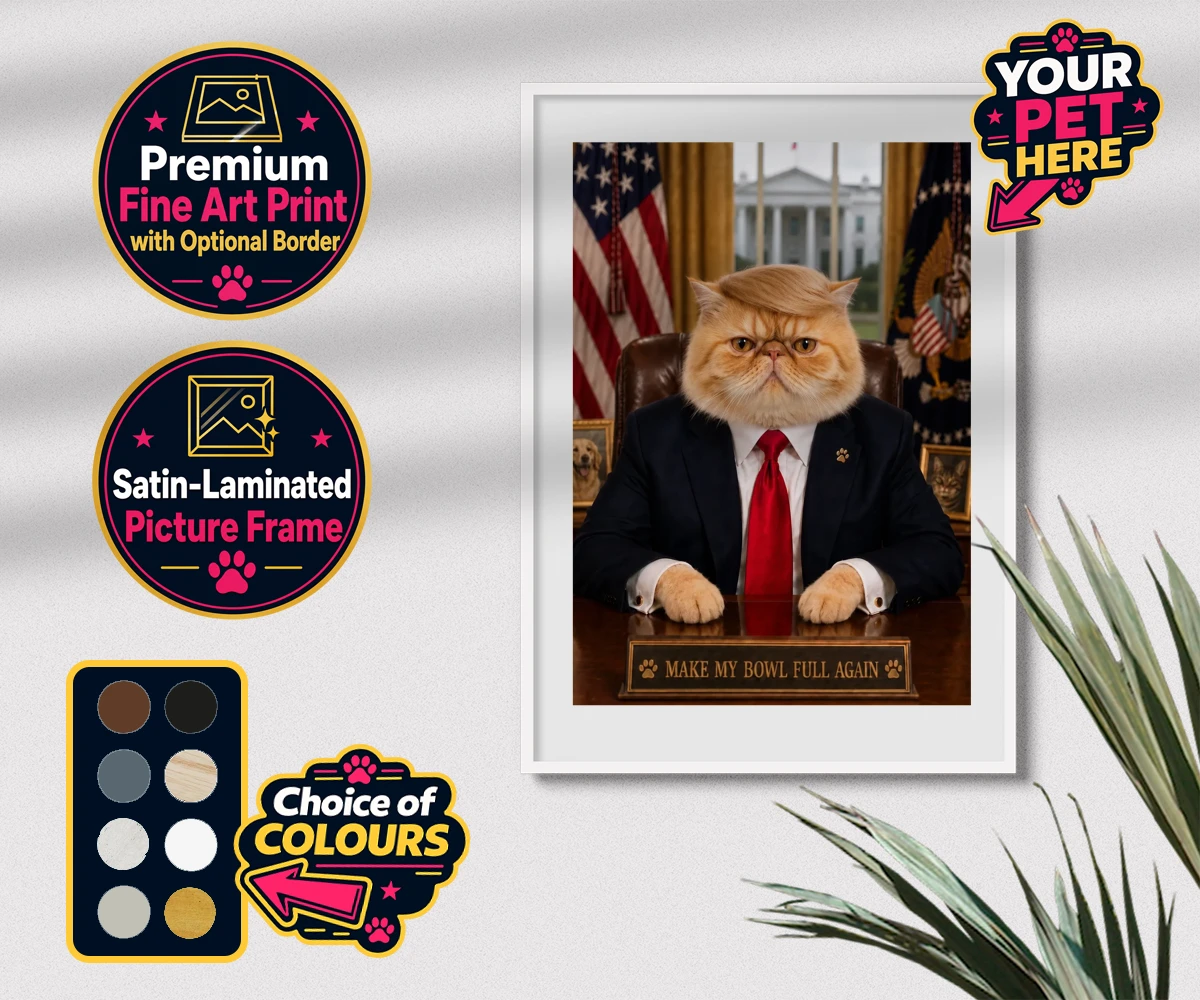 Personalised PAWTUS cat premium framed print featuring the charismatic cat who’s ready to take charge!