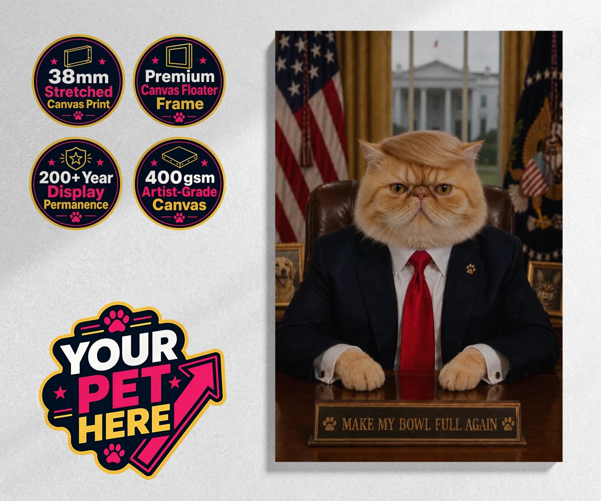 Personalised PAWTUS cat stretched canvas print featuring the charismatic cat who’s ready to take charge!