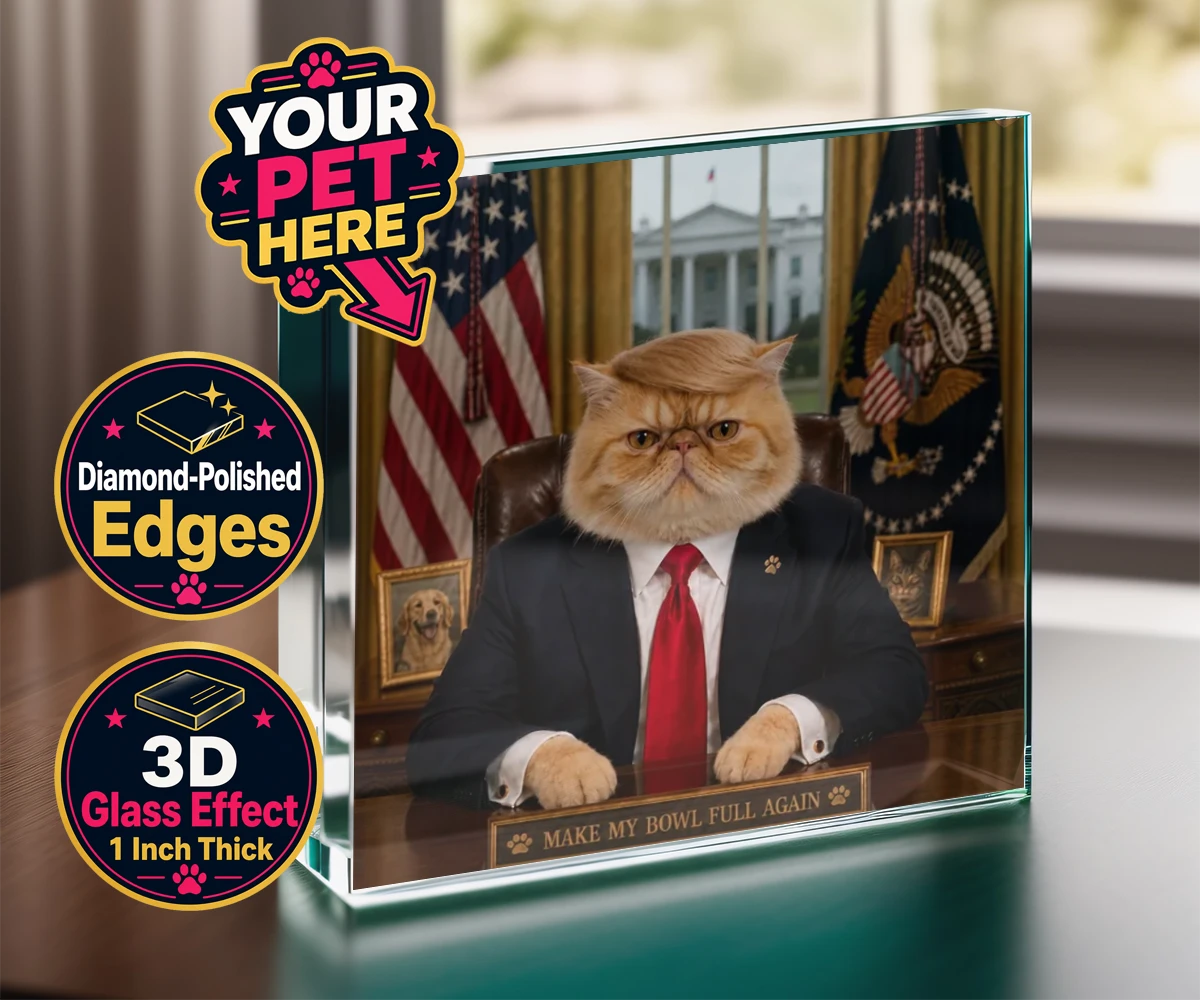 Personalised PAWTUS cat acrylic prisms featuring the charismatic cat who’s ready to take charge!