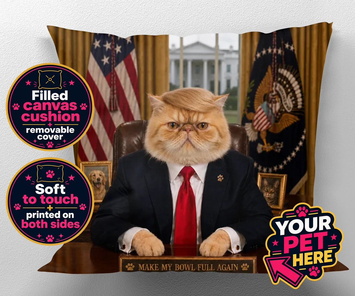 Personalised PAWTUS cat canvas cushions featuring the charismatic cat who’s ready to take charge!