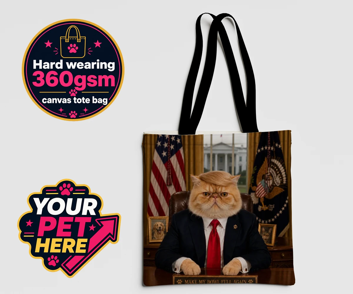 Personalised PAWTUS cat canvas tote bags featuring the charismatic cat who’s ready to take charge!