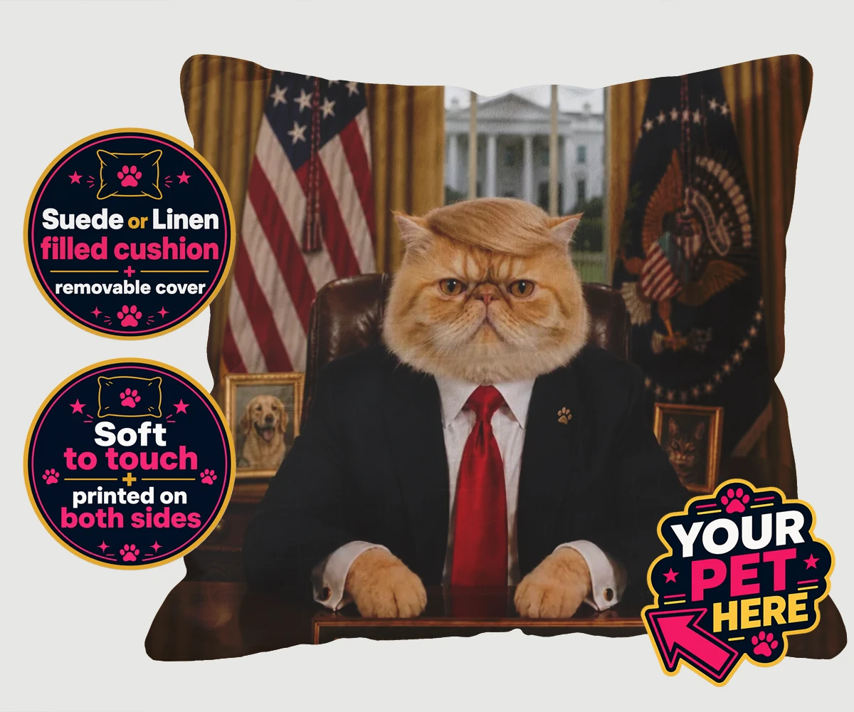 Personalised PAWTUS cat cushions featuring the charismatic cat who’s ready to take charge!