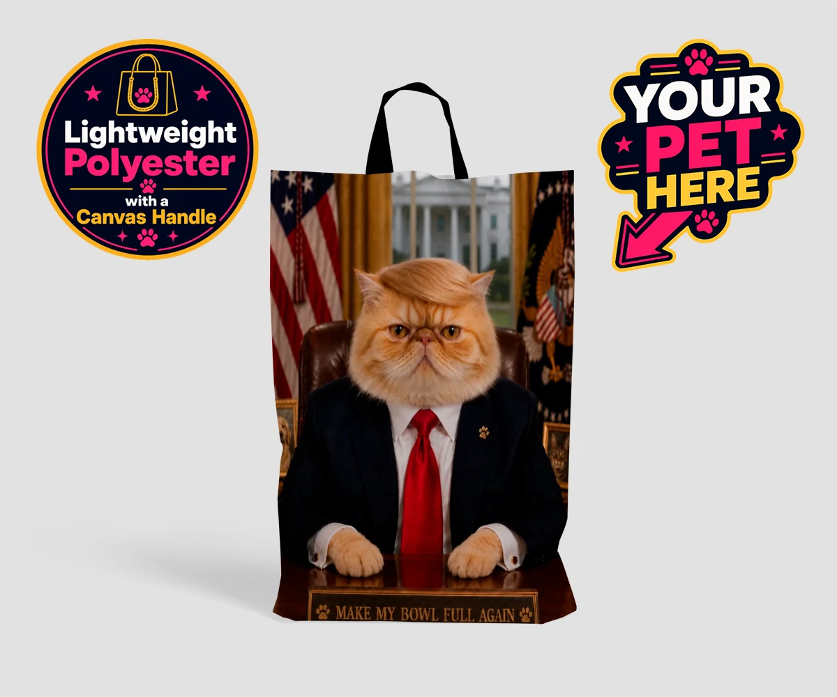 Personalised PAWTUS cat shopping bags featuring the charismatic cat who’s ready to take charge!