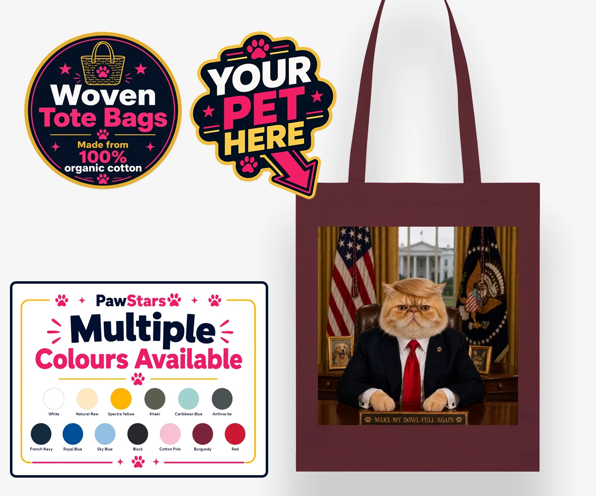 Personalised PAWTUS cat woven tote bags featuring the charismatic cat who’s ready to take charge!