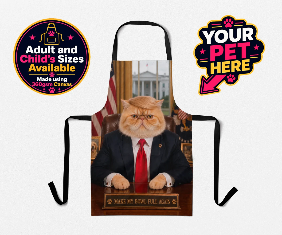Personalised PAWTUS cat aprons featuring the charismatic cat who’s ready to take charge!