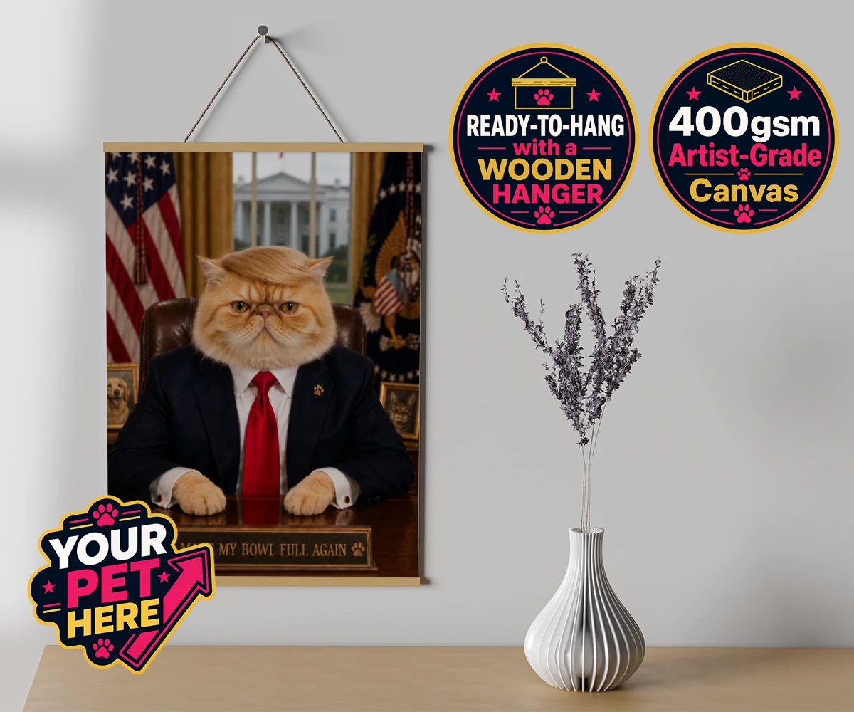 Personalised PAWTUS cat canvas poster prints with hanger featuring the charismatic cat who’s ready to take charge!
