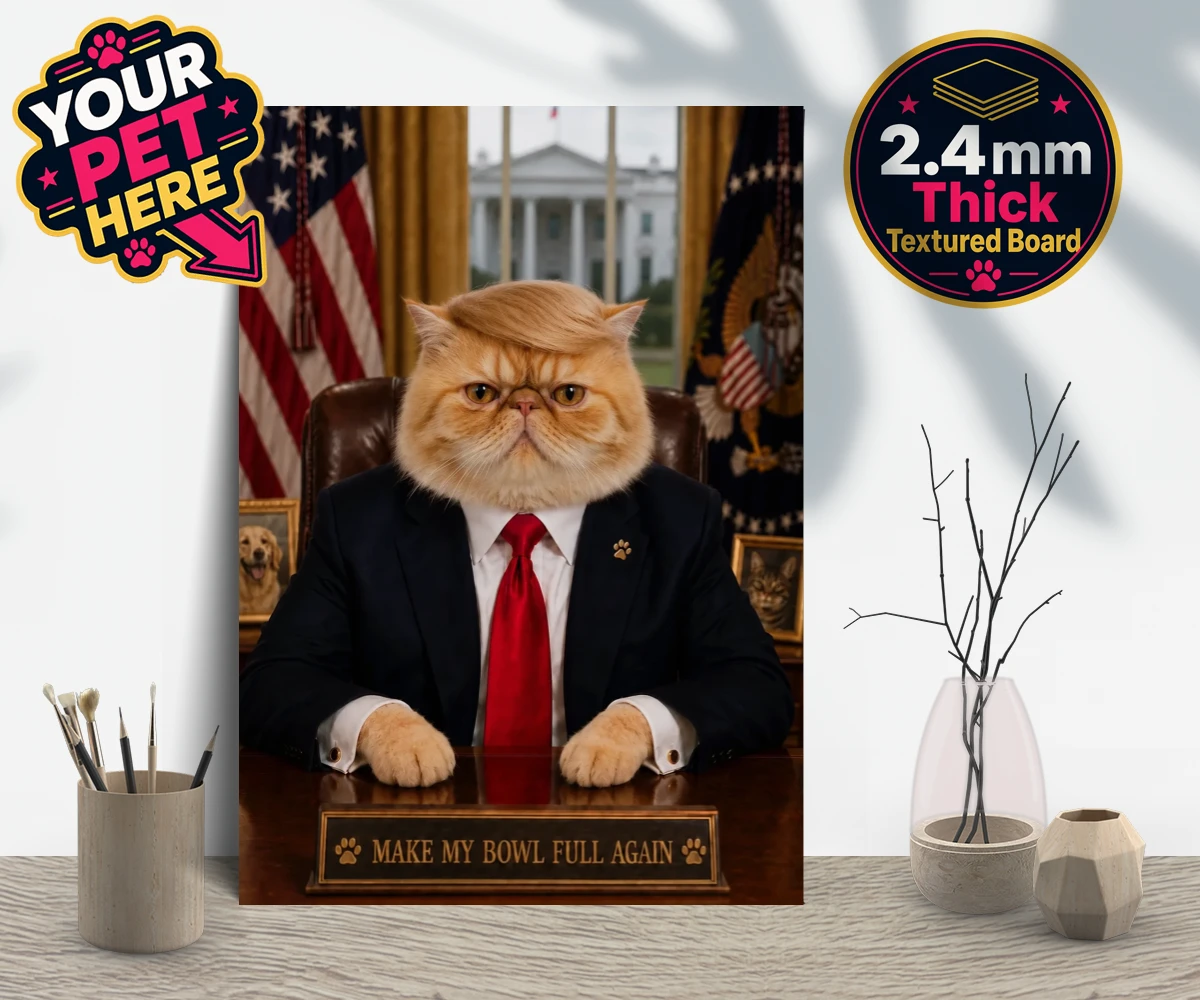 Personalised PAWTUS cat gallery boards featuring the charismatic cat who’s ready to take charge!