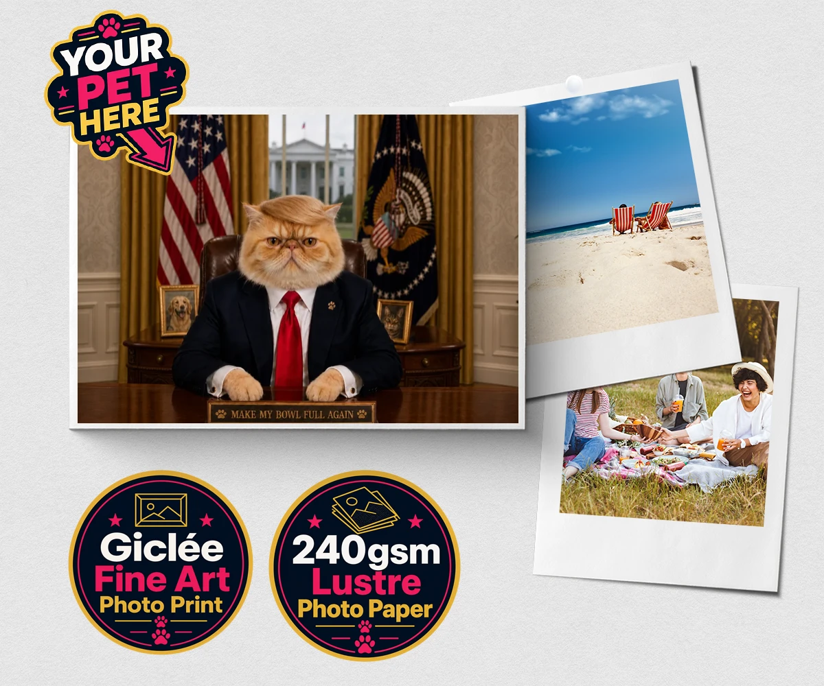 Personalised PAWTUS cat premium photo print featuring the charismatic cat who’s ready to take charge!