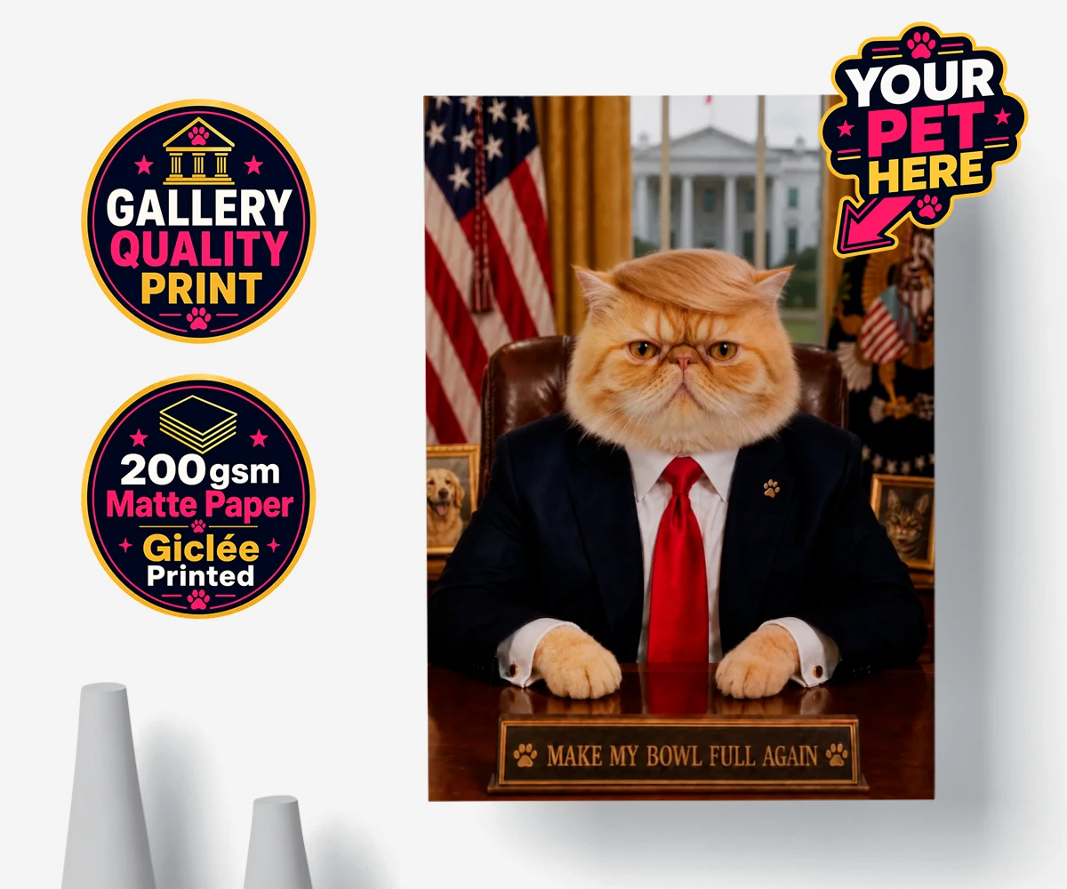 Personalised Pawtus cat poster print featuring Pawtus in a tailored suit and vibrant tie in an office setting