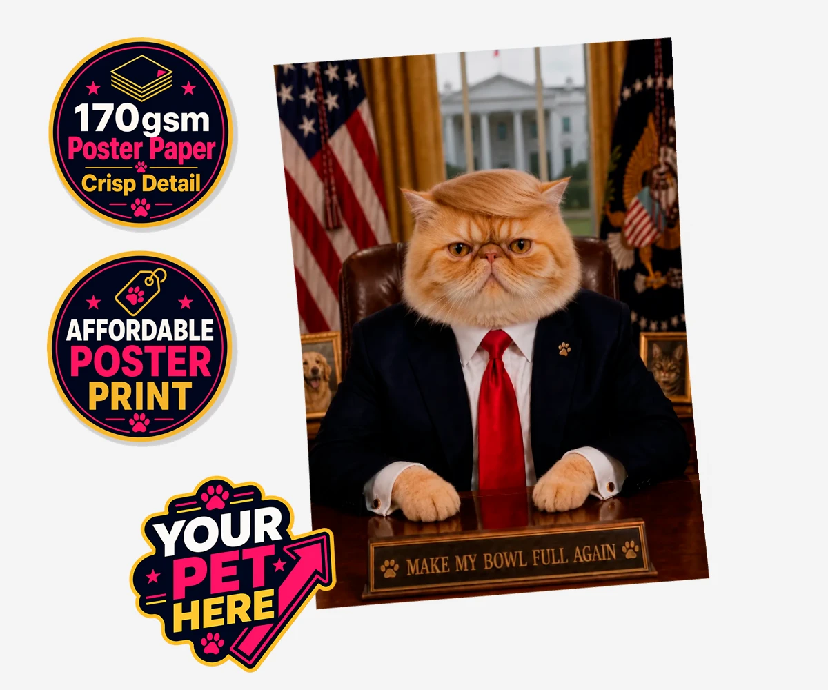 Personalised PAWTUS cat standard poster print featuring the charismatic cat who’s ready to take charge!