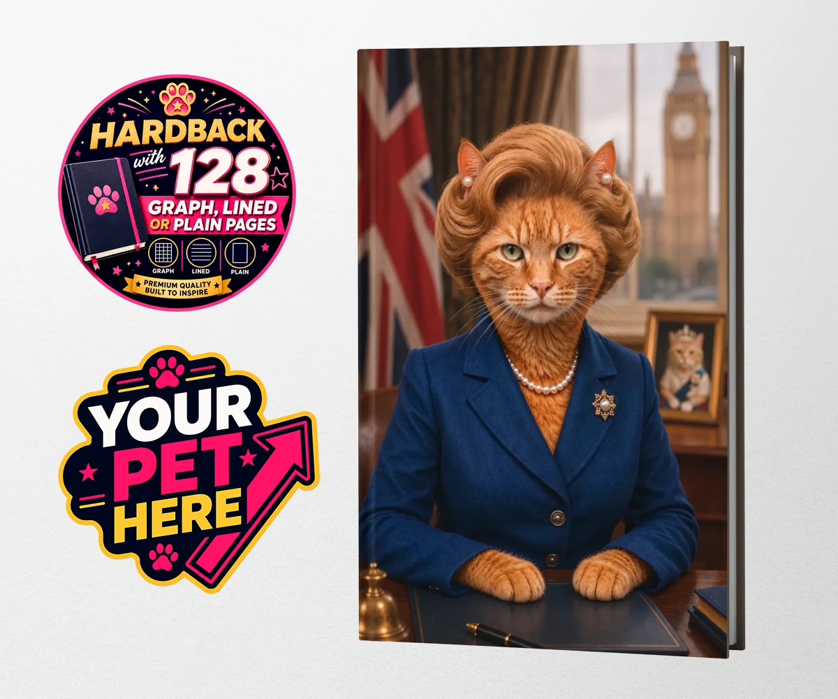 Personalised The Iron Lady cat hardback notebooks featuring a stunning tribute to feline elegance and charm