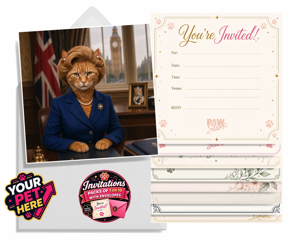Personalised The Iron Lady cat invitations featuring a stunning tribute to feline elegance and charm