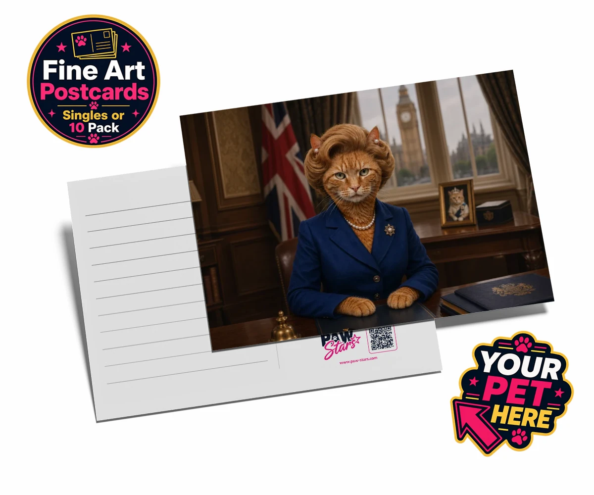 Personalised The Iron Lady cat postcards featuring a stunning tribute to feline elegance and charm