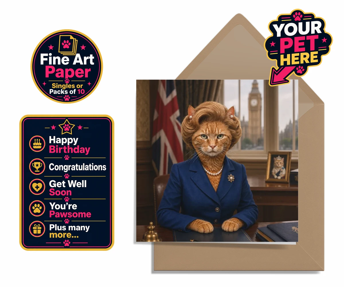 Personalised The Iron Lady cat premium greetings cards featuring a stunning tribute to feline elegance and charm