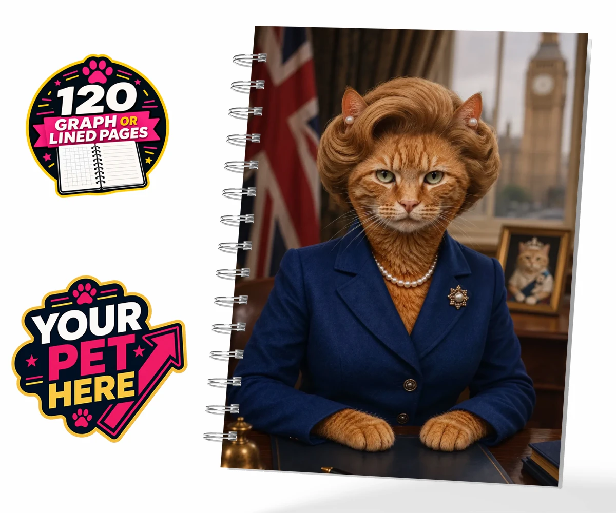 Personalised The Iron Lady cat spiral notebook featuring a stunning tribute to feline elegance and charm