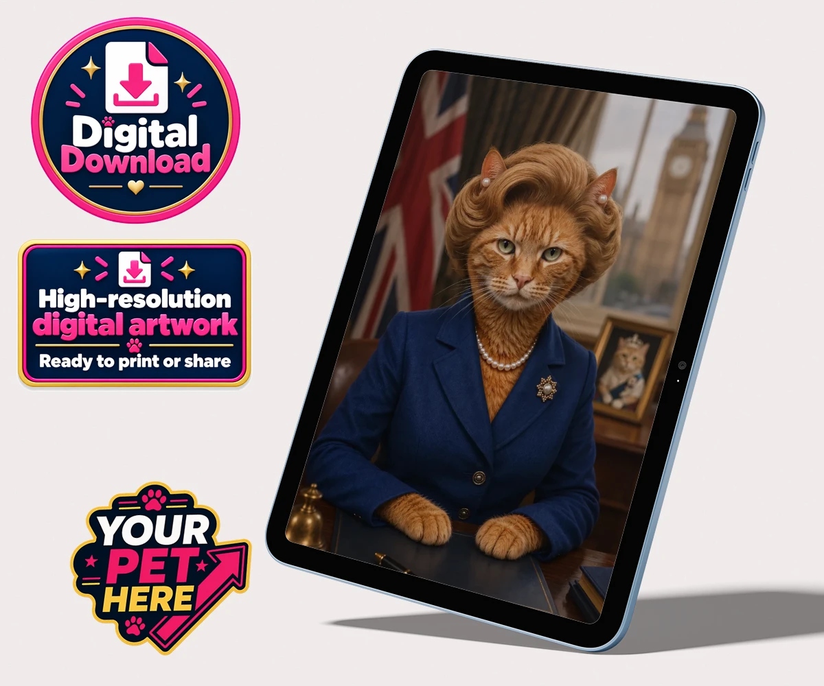 Personalised The Iron Lady cat personalised digital downloads featuring a stunning tribute to feline elegance and charm