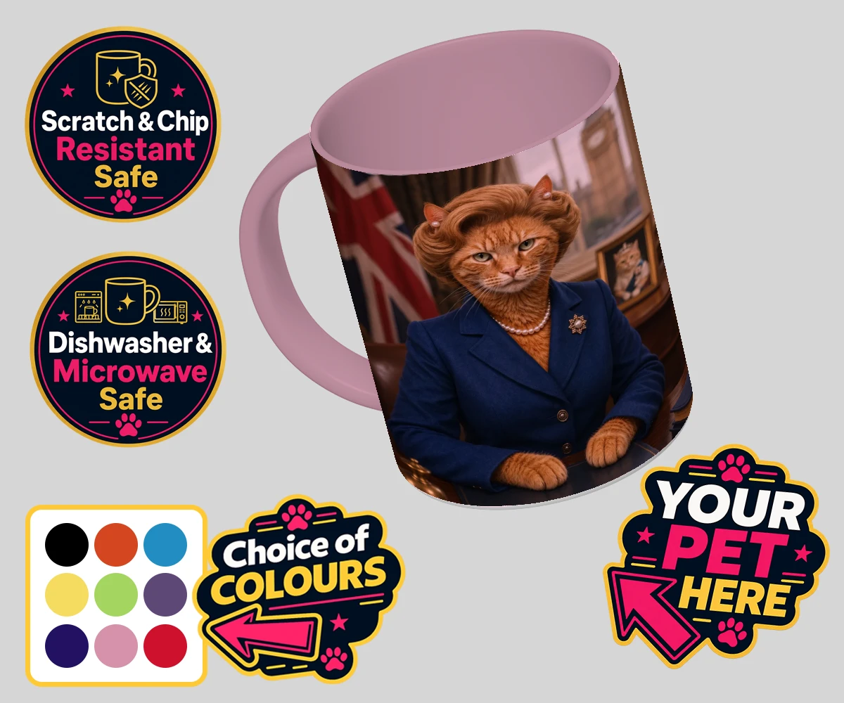 Personalised The Iron Lady cat coloured photo mugs featuring a stunning tribute to feline elegance and charm