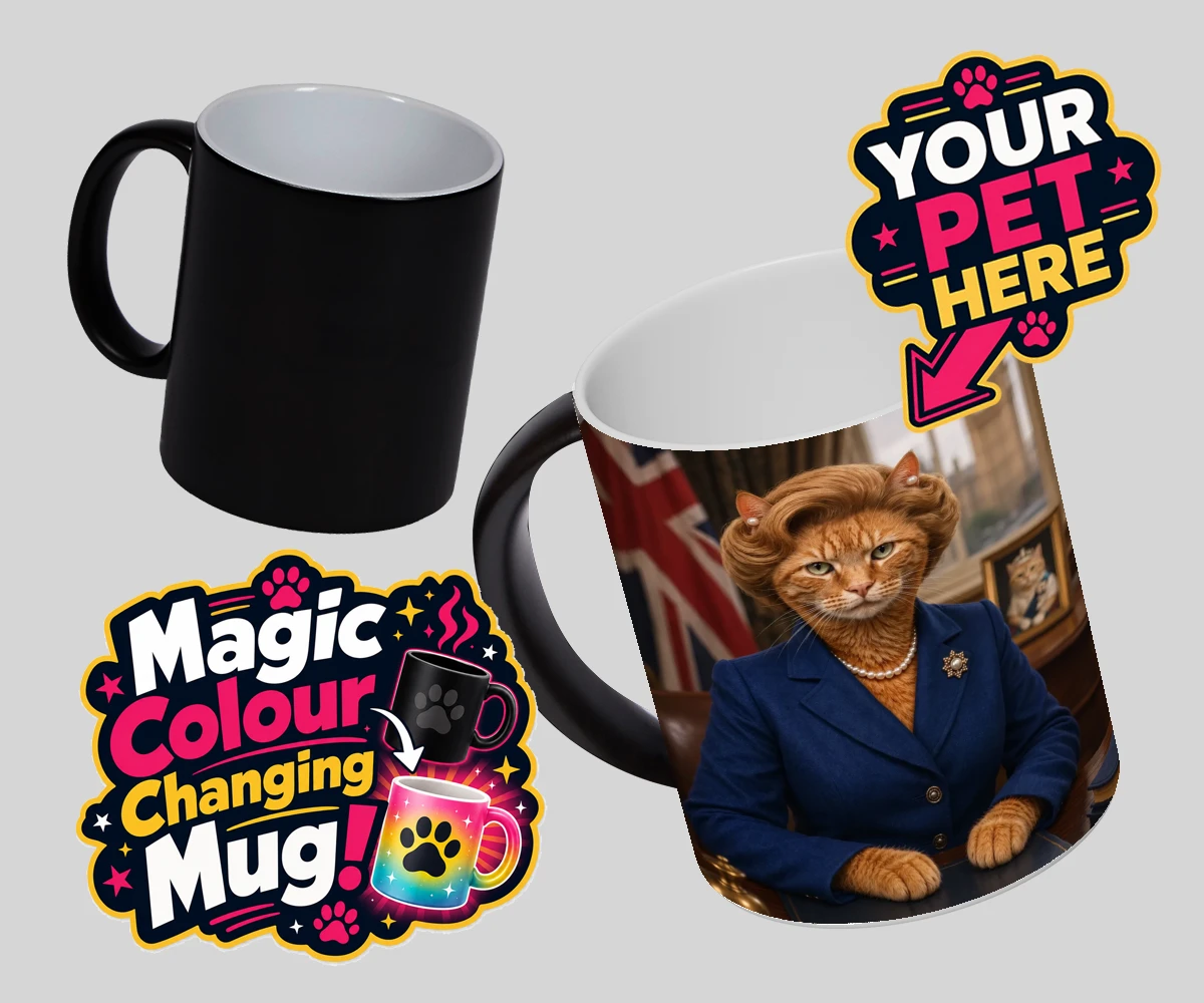 Personalised The Iron Lady cat magic photo mugs featuring a stunning tribute to feline elegance and charm