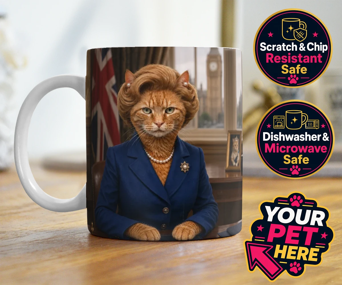 Personalised The Iron Lady cat photo mugs featuring a stunning tribute to feline elegance and charm