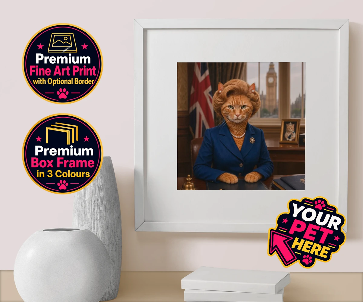 Personalised The Iron Lady cat box framed print featuring a stunning tribute to feline elegance and charm