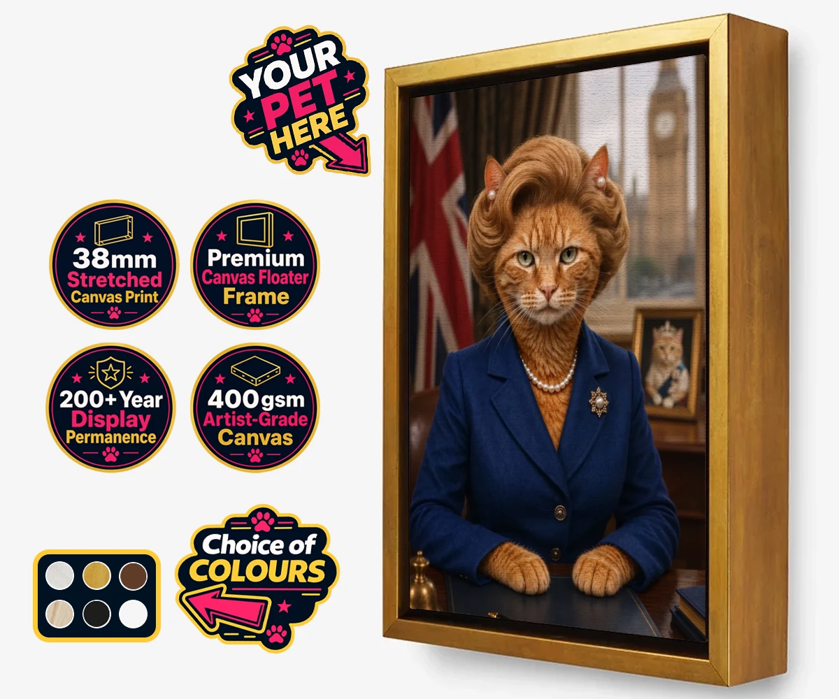 Personalised The Iron Lady cat framed canvas print featuring a stunning tribute to feline elegance and charm