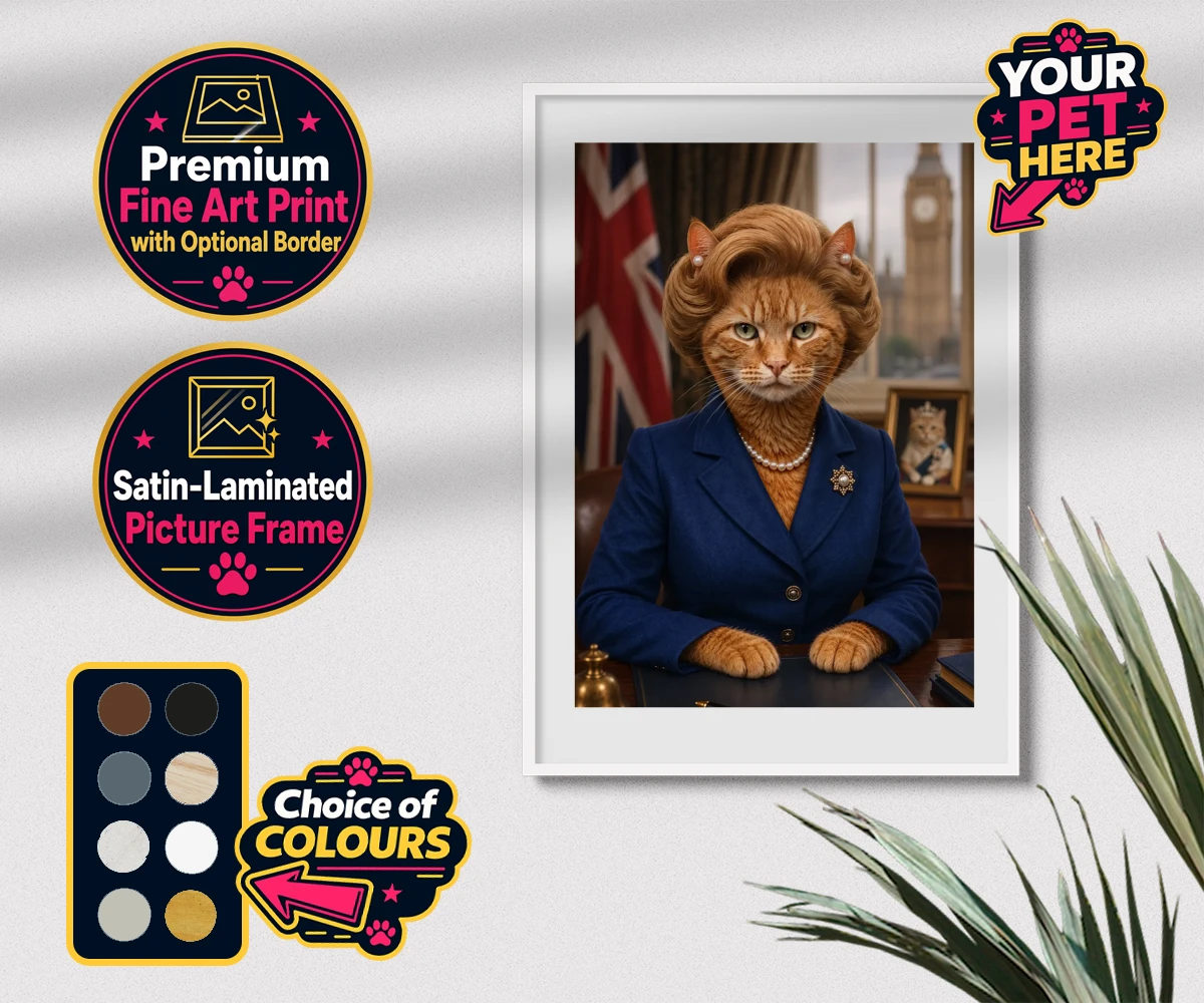 Personalised The Iron Lady cat premium framed print featuring a stunning tribute to feline elegance and charm