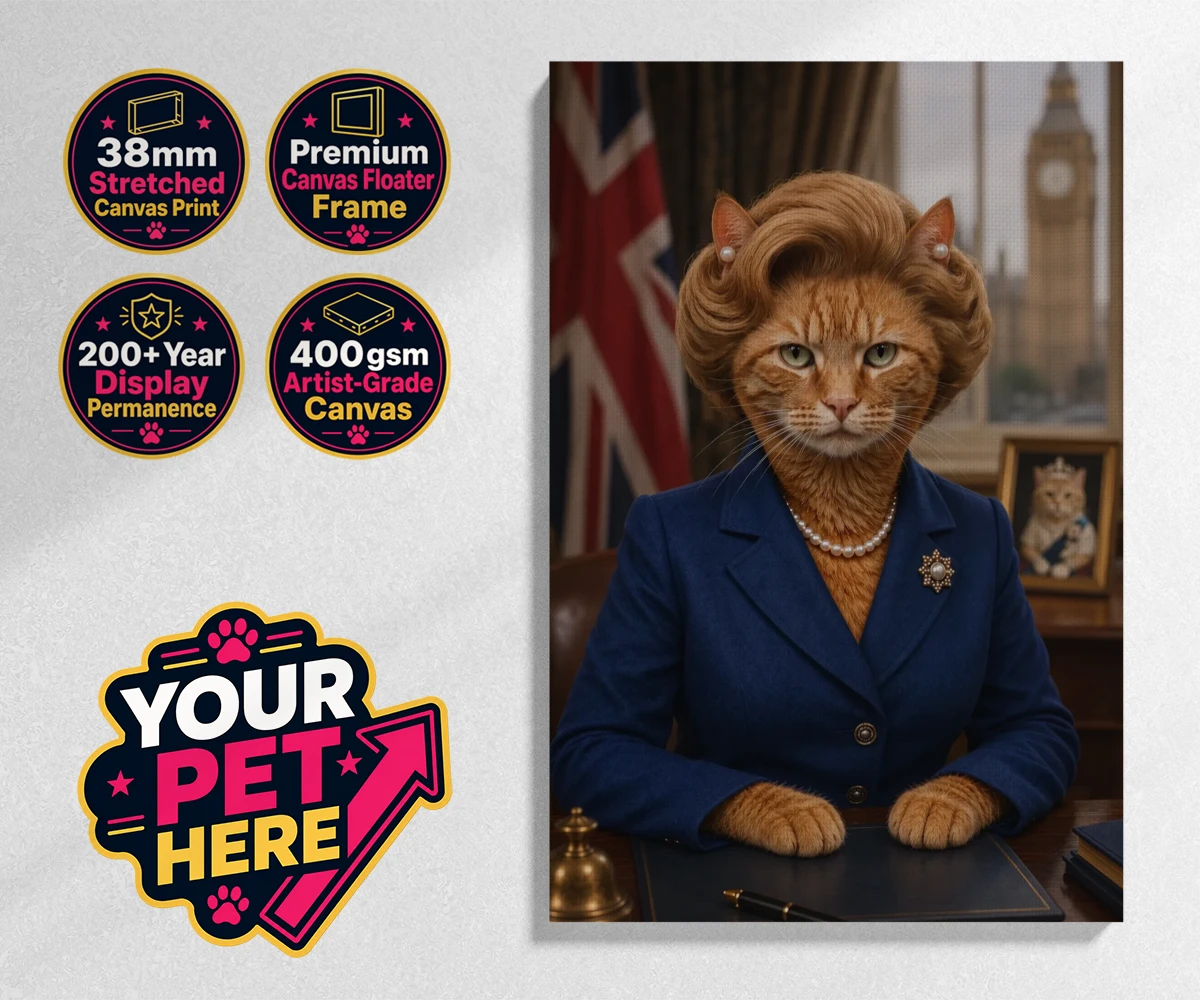 Personalised The Iron Lady cat stretched canvas print featuring a stunning tribute to feline elegance and charm