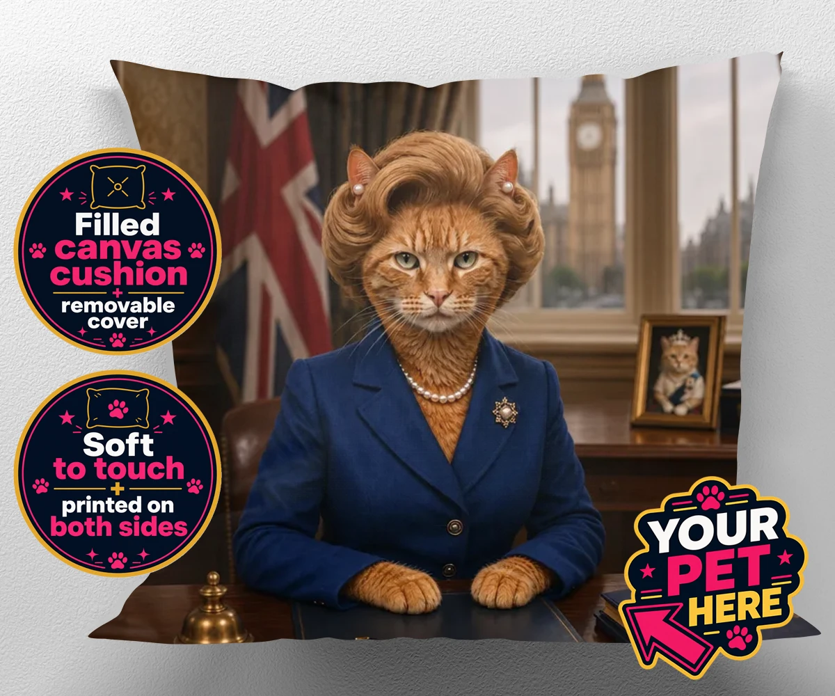 Personalised The Iron Lady cat canvas cushions featuring a stunning tribute to feline elegance and charm