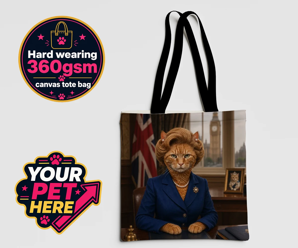 Personalised The Iron Lady cat canvas tote bags featuring a stunning tribute to feline elegance and charm