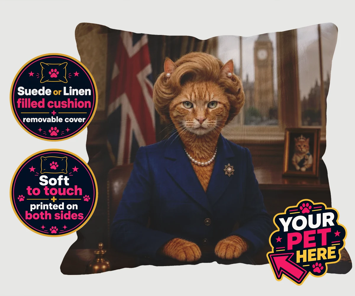 Personalised The Iron Lady cat cushions featuring a stunning tribute to feline elegance and charm