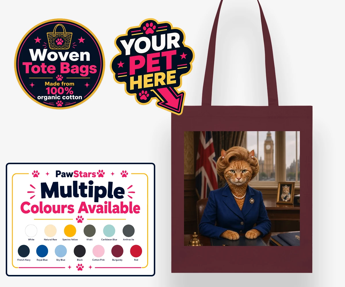 Personalised The Iron Lady cat woven tote bags featuring a stunning tribute to feline elegance and charm