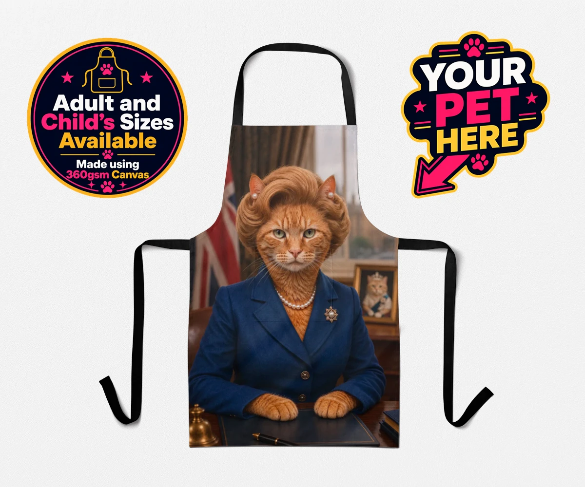 Personalised The Iron Lady cat aprons featuring a stunning tribute to feline elegance and charm