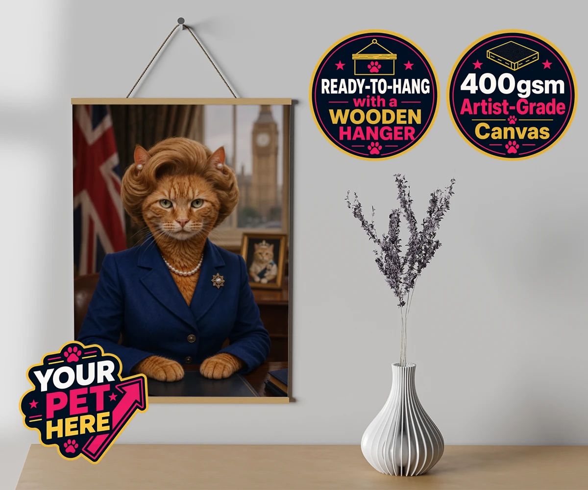 Personalised The Iron Lady cat canvas poster prints with hanger featuring a stunning tribute to feline elegance and charm