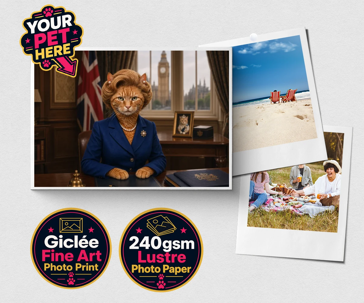 Personalised The Iron Lady cat premium photo print featuring a stunning tribute to feline elegance and charm