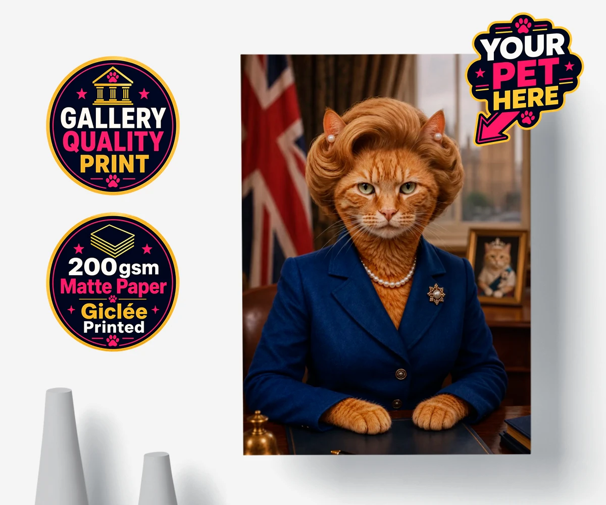 Personalised poster print of The Iron Lady, a cat in a navy suit with a pearl necklace, set against Big Ben and the Union Jack.