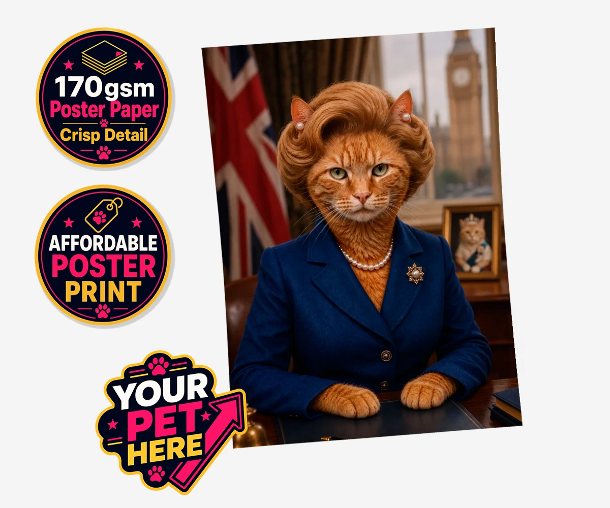 Personalised The Iron Lady cat standard poster print featuring a stunning tribute to feline elegance and charm