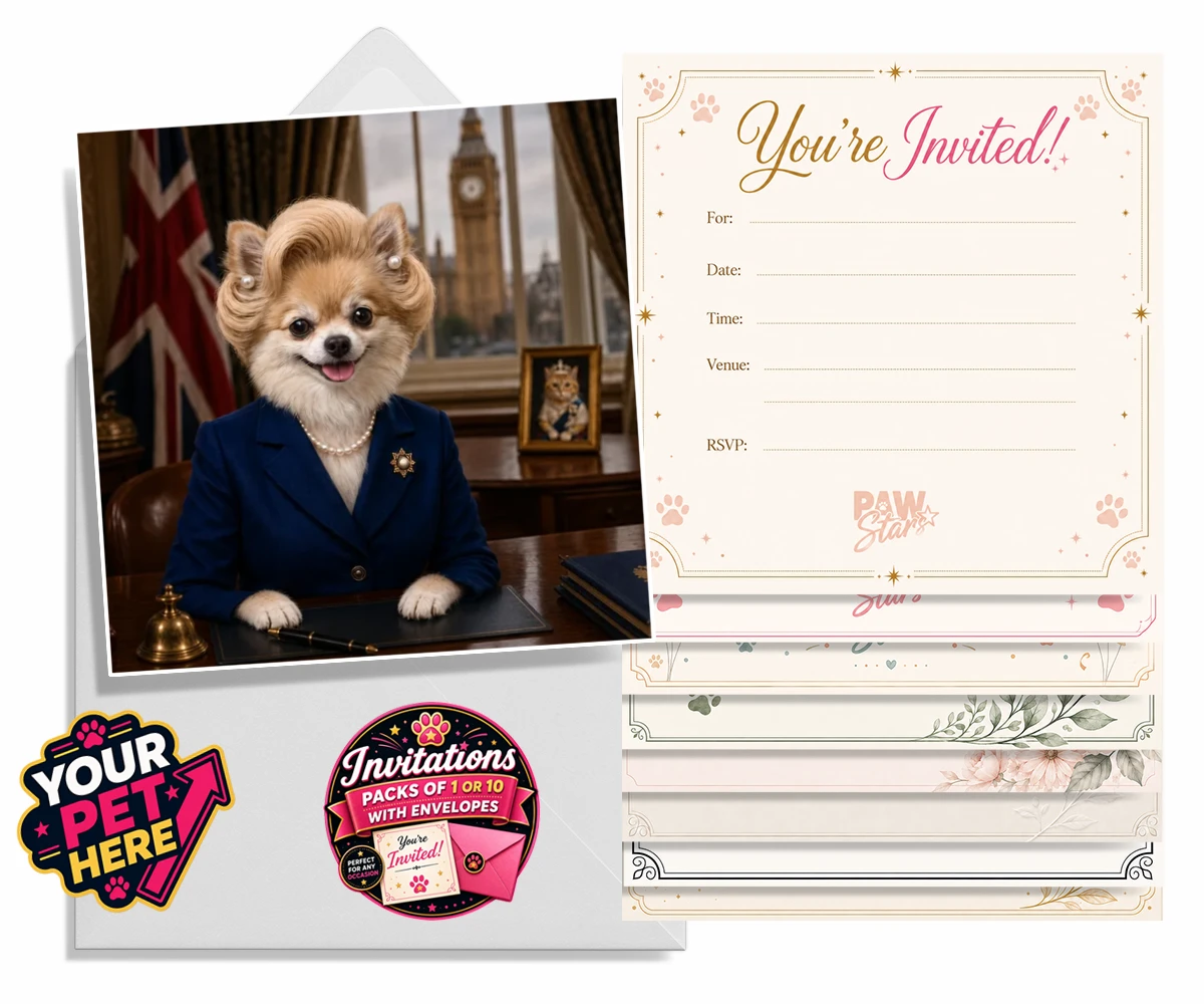 Personalised The Iron Lady dog invitations featuring embrace the charm and charisma of The Iron Lady, a delightful dog port