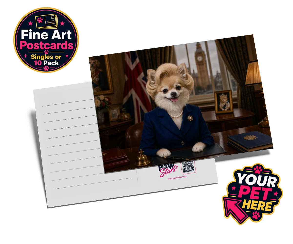 Personalised The Iron Lady dog postcards featuring embrace the charm and charisma of The Iron Lady, a delightful dog port