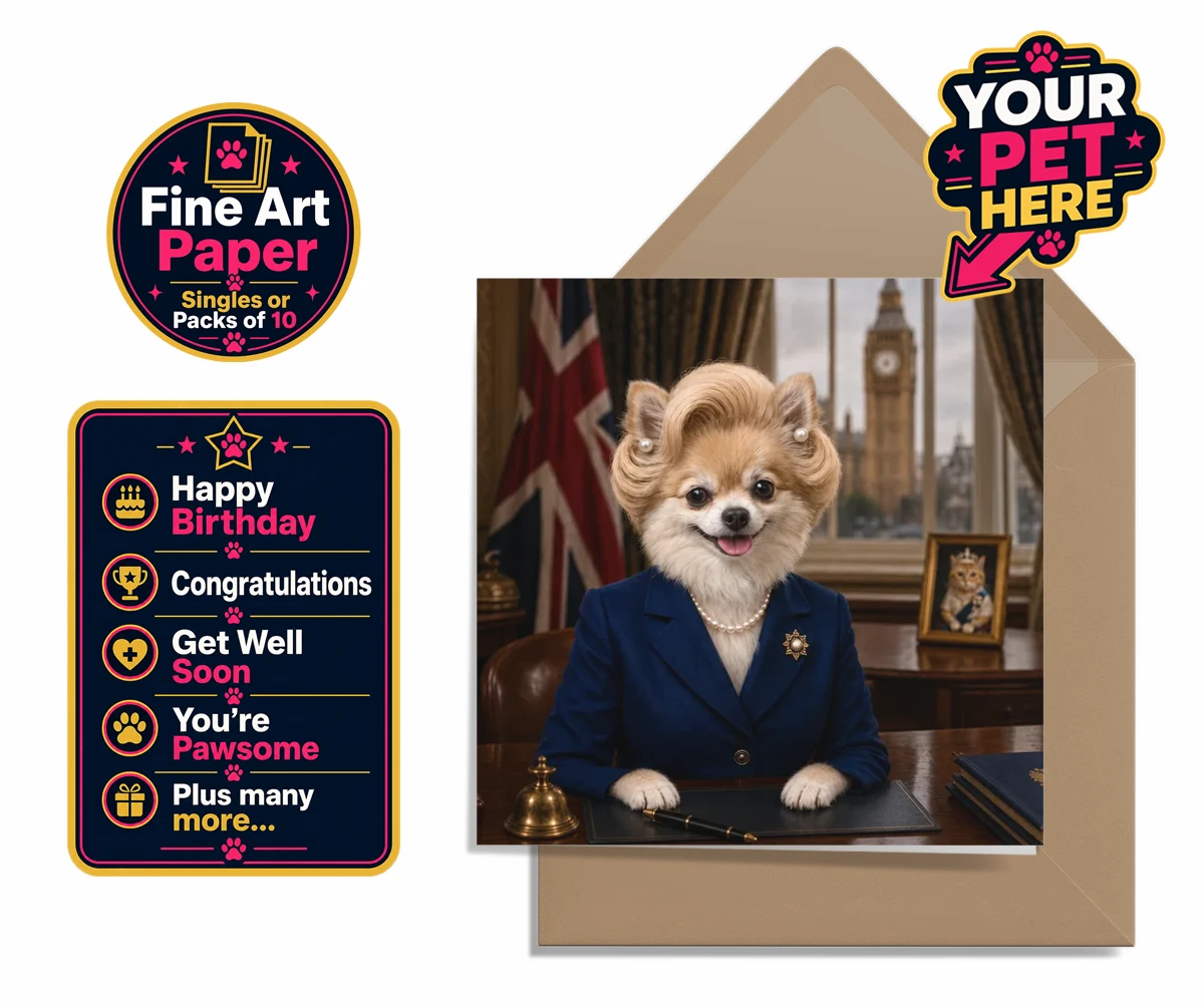Personalised The Iron Lady dog premium greetings cards featuring embrace the charm and charisma of The Iron Lady, a delightful dog port
