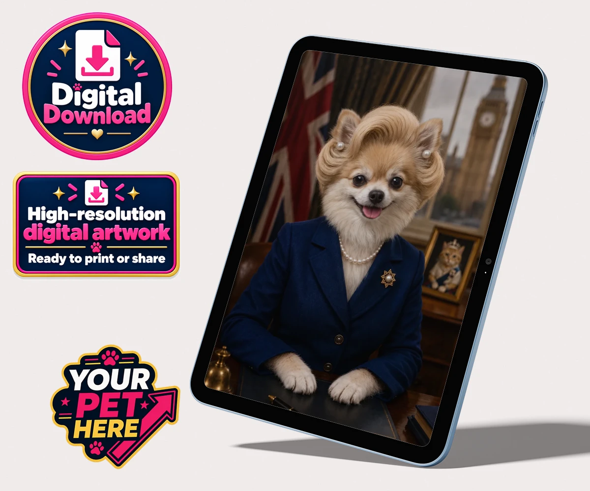Personalised The Iron Lady dog personalised digital downloads featuring embrace the charm and charisma of The Iron Lady, a delightful dog port