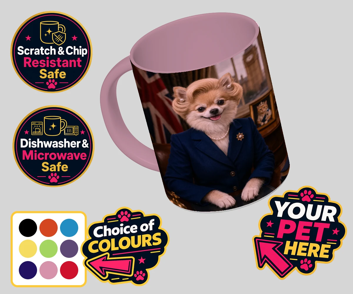 Personalised The Iron Lady dog coloured photo mugs featuring embrace the charm and charisma of The Iron Lady, a delightful dog port