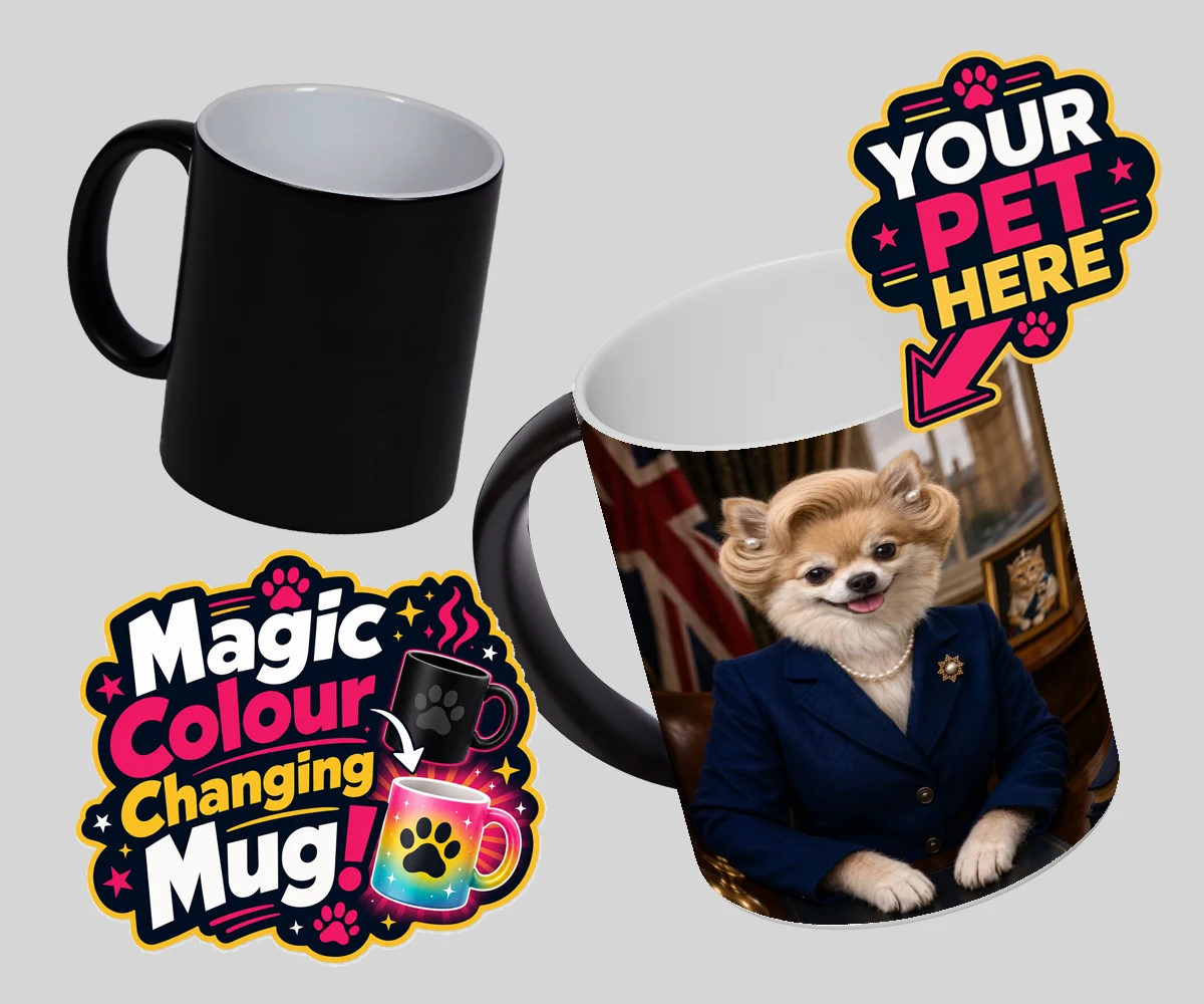 Personalised The Iron Lady dog magic photo mugs featuring embrace the charm and charisma of The Iron Lady, a delightful dog port