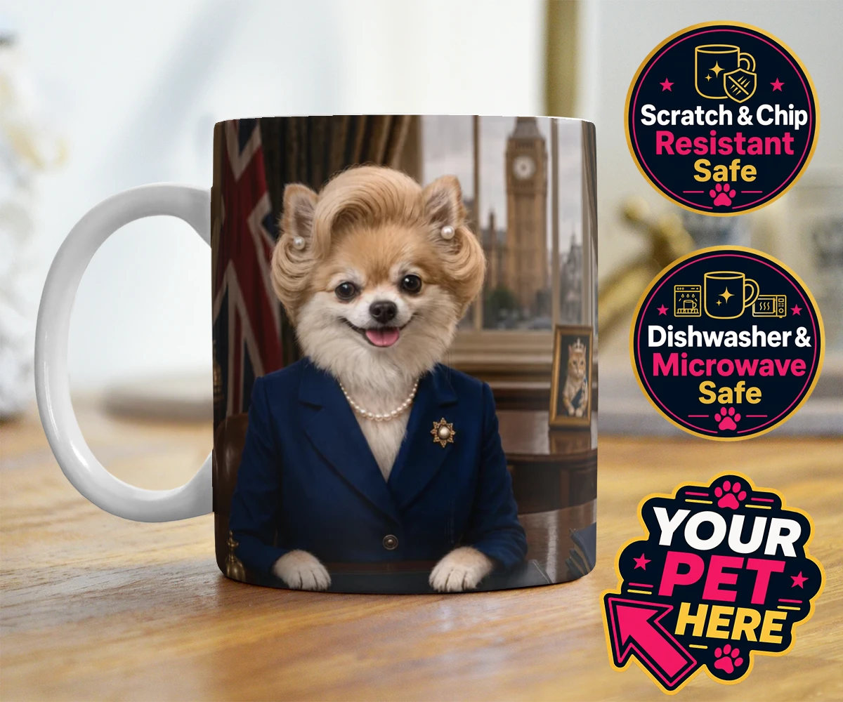 Personalised The Iron Lady dog photo mugs featuring embrace the charm and charisma of The Iron Lady, a delightful dog port
