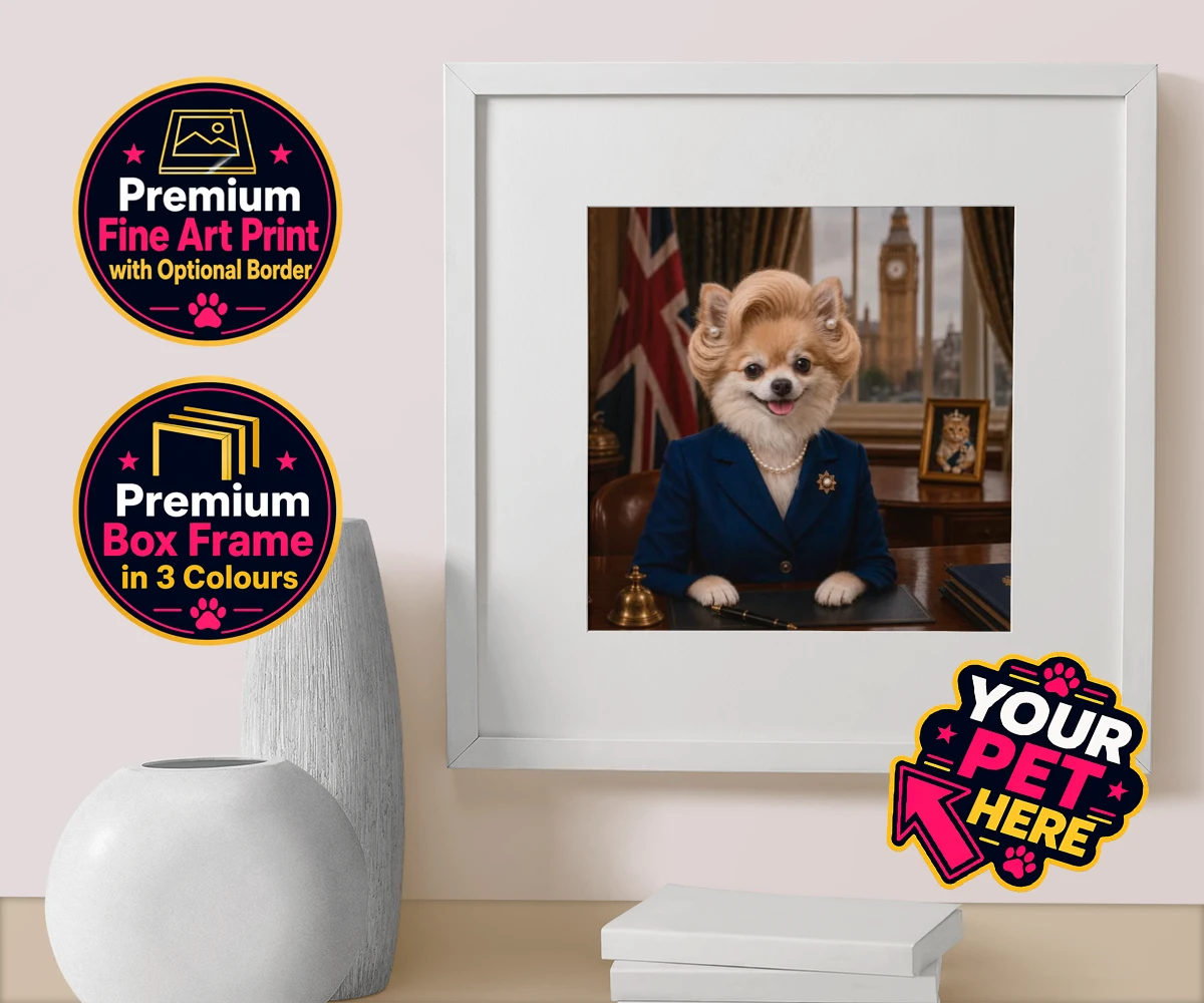 Personalised The Iron Lady dog box framed print featuring embrace the charm and charisma of The Iron Lady, a delightful dog port