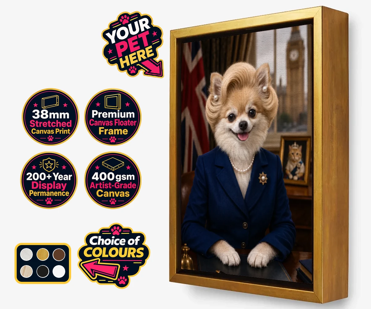 Personalised The Iron Lady dog framed canvas print featuring embrace the charm and charisma of The Iron Lady, a delightful dog port