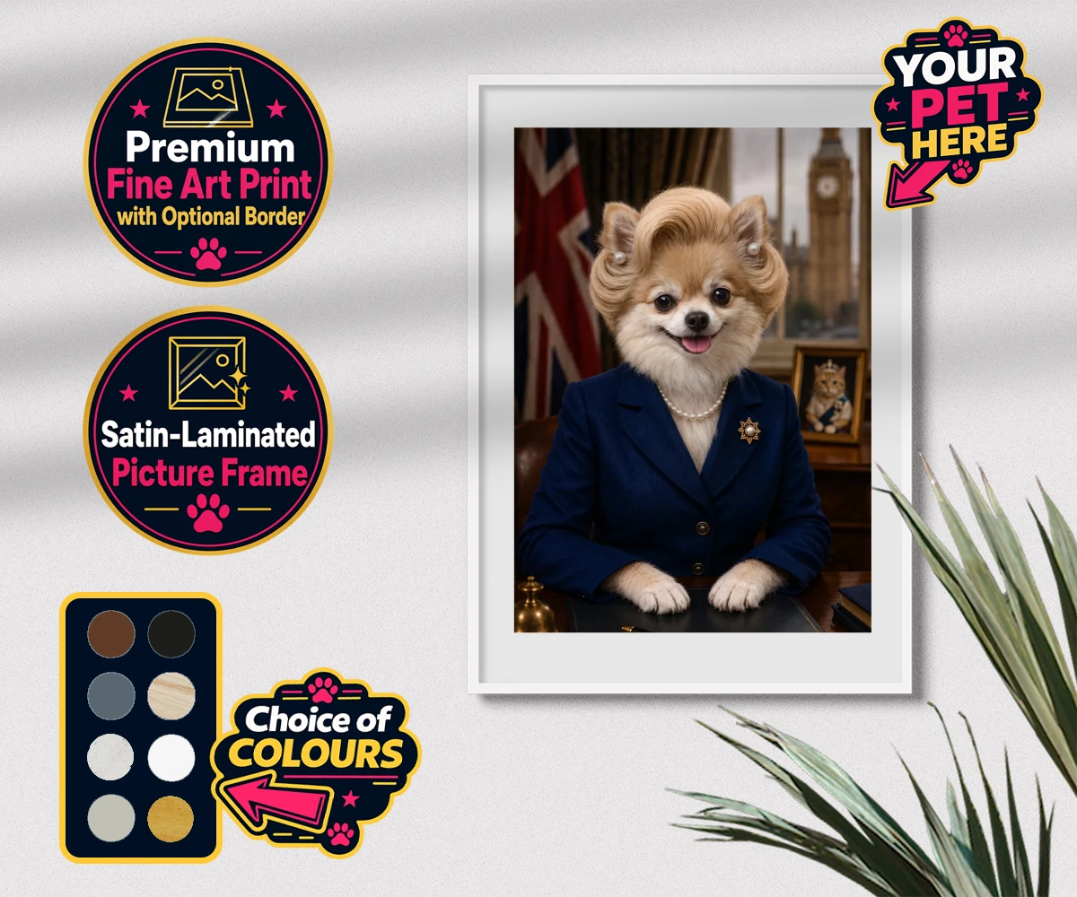 Personalised The Iron Lady dog premium framed print featuring embrace the charm and charisma of The Iron Lady, a delightful dog port