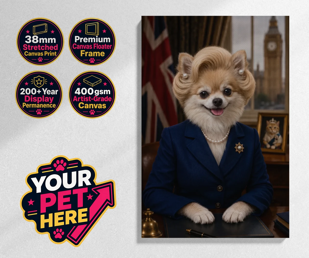 Personalised The Iron Lady dog stretched canvas print featuring embrace the charm and charisma of The Iron Lady, a delightful dog port