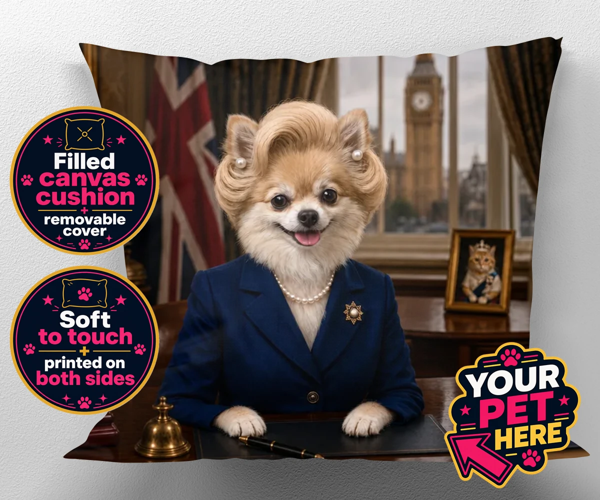 Personalised The Iron Lady dog canvas cushions featuring embrace the charm and charisma of The Iron Lady, a delightful dog port