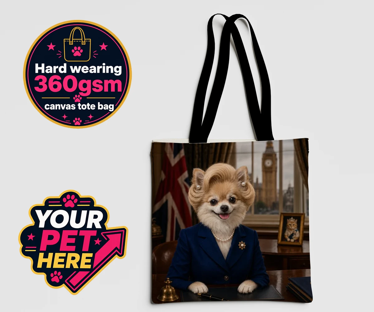 Personalised The Iron Lady dog canvas tote bags featuring embrace the charm and charisma of The Iron Lady, a delightful dog port